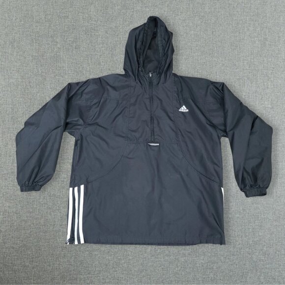 Vintage Adidas Black 3-Stripes Hooded Windbreaker Pullover Jacket Size XL - Picture 1 of 8